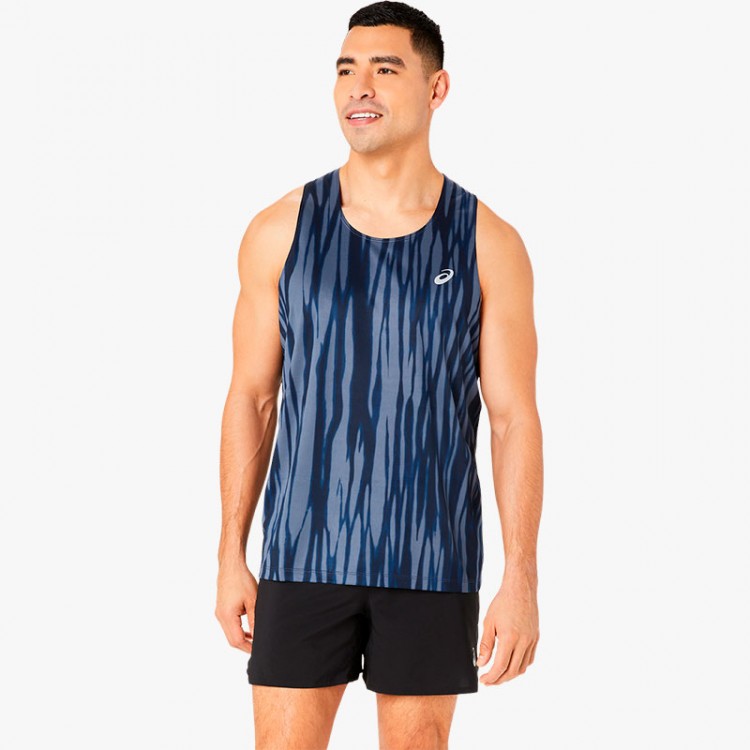 ASICS ROAD ALL OVER PRINT SINGLET BLUE T-SHIRT